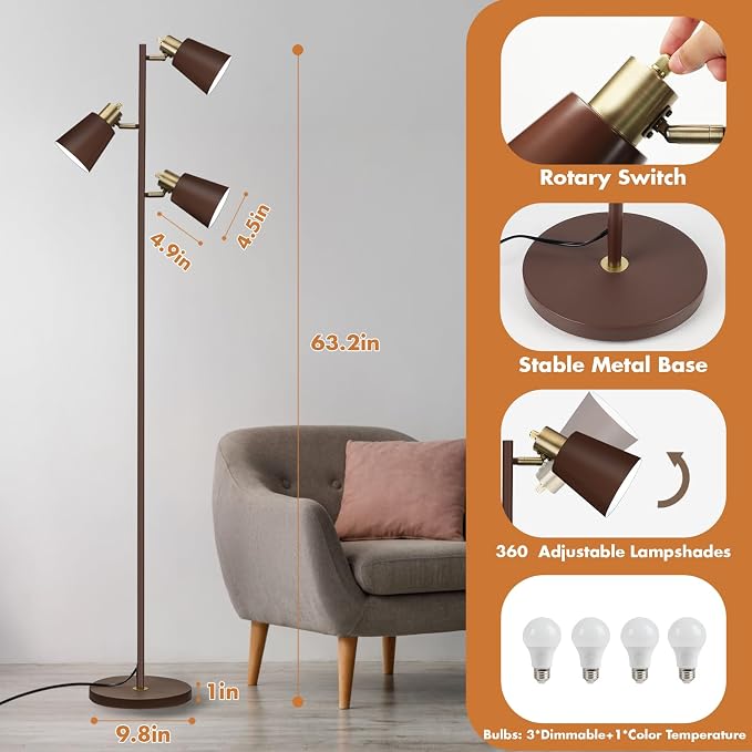 LALISU Tree Floor Lamp for Living Room, Industrial 3-Light Standing Lamp with 3 LED Bulbs, Adjustable Rotation Heads, Standing Tall Pole Lamp Farmhouse Rustic Reading Lamps for Bedroom Office (Brown)