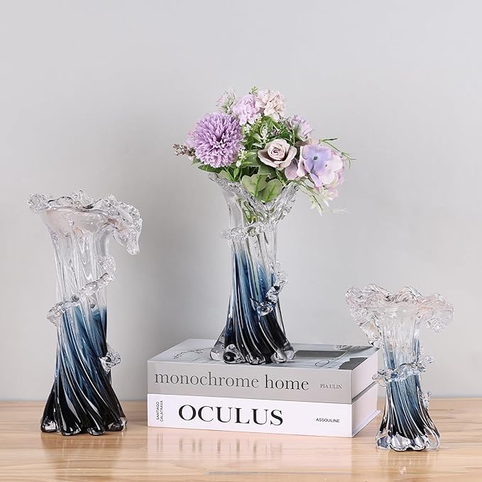 8.1" H Blue Ocean Wave Vase, Blown Glass Vase, Unique Modern Art Beautiful Hand Blown Coastal Centerpieces for Living Room, Bedroom, Office Desktop, Coffee Table, and Wedding Decorative (S)