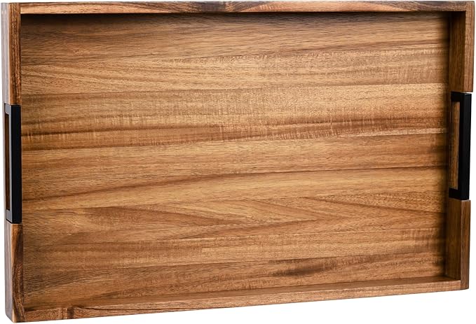 Large Ottoman Tray for Living Room and Coffee Table, Decorative Acacia Wood Serving Tray with Metal Handles for Breakfast in Bed, Dinner Food Kitchen TV (Natural, 24" x 15" x 2")