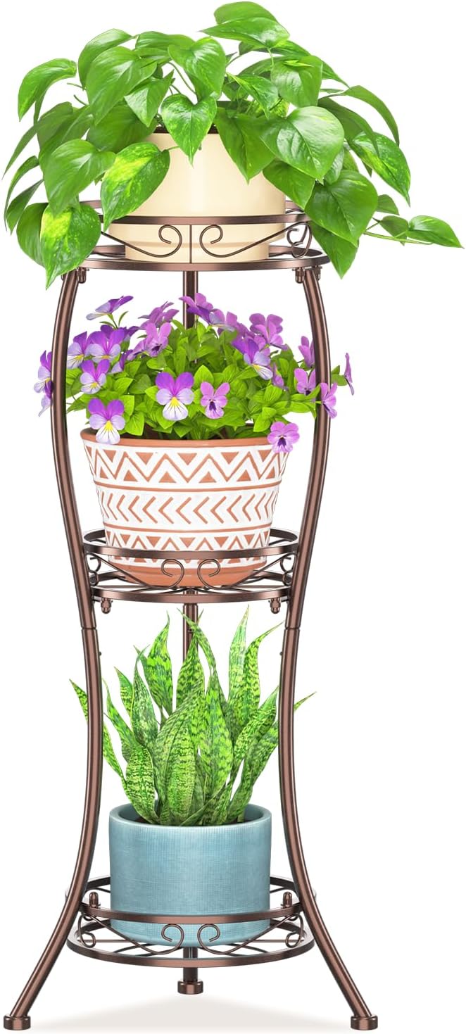 LASZOLA Bronze 3 Tier Tall Plant Stand for Indoor Outdoor, Large Multiple Level Flower Planter Holder Organizer Rack for Patio Office Bathroom Corner Floor, Sturdy Heavy Duty Metal, Vertical Display