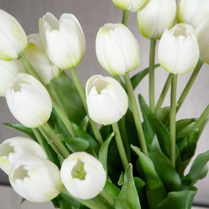 20 Artificial Tulips in Fluted Glass Vase, Waterproof Faux Flowers Bouquet for Wedding Home Office Decor, Table Centerpiece, Housewarming Birthday Gift Set (White)