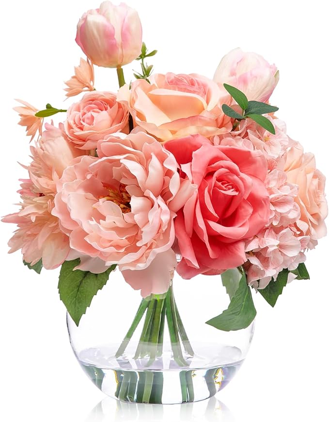Artificial Flowers in Vase with Fake Water, Silk Tulips Peony Rose Flowers Bouquet with Glass Vase for Home Birthday Party Wedding Dinning Table Centerpieces Office Hotel Decor Gift (Peach Pink Mixed)