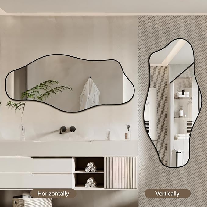 Mirrorons Irregular Wall Mirror 47×21, Black Asymmetrical Decorative Bathroom Mirror, Cloud Mirror, Modern Vanity Mirror, Shatterproof (Black)
