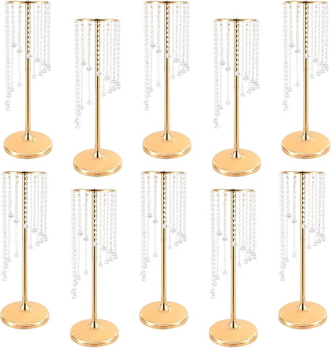 10 Pcs 23.6In Tall Crystal Flower Vase, Acrylic Crystal Flower Vases Metal Flower Stand for Wedding Reception and Event Centerpieces 9.4 x 9.4 x 23.6 Inch Gold