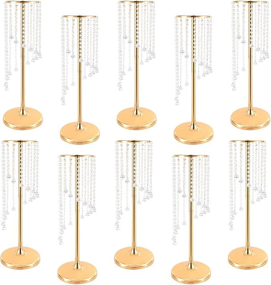 10 Pcs 23.6In Tall Crystal Flower Vase, Acrylic Crystal Flower Vases Metal Flower Stand for Wedding Reception and Event Centerpieces 9.4 x 9.4 x 23.6 Inch Gold