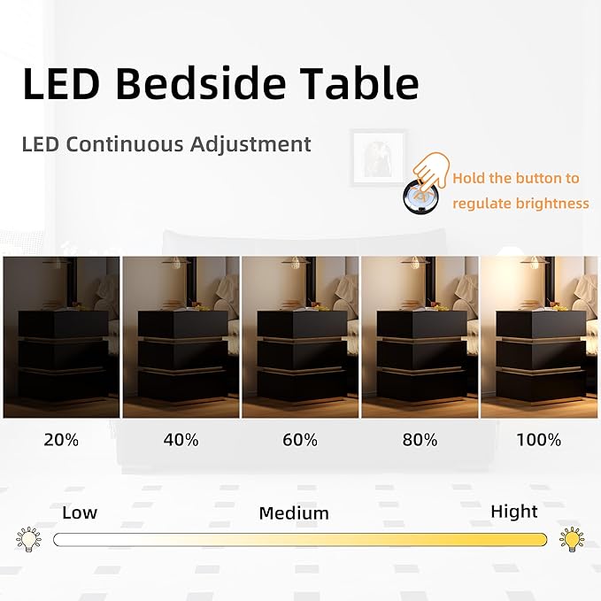 Black Nightstand, LED Bedside Table with 3 Storage Drawers, Modern End Table with Charging Ports & Outlets, Bedside Tables for Living Room/Bedroom