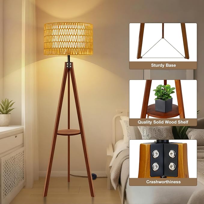 Rattan Wood Floor Lamp Tripod with Shelves, Mid Century Modern Floor Lamps for Living Room, 3 Color Temperatures with Foot Switch, Boho Standing Lamp for Bedroom Decor Walnut Brown Tall Lamps