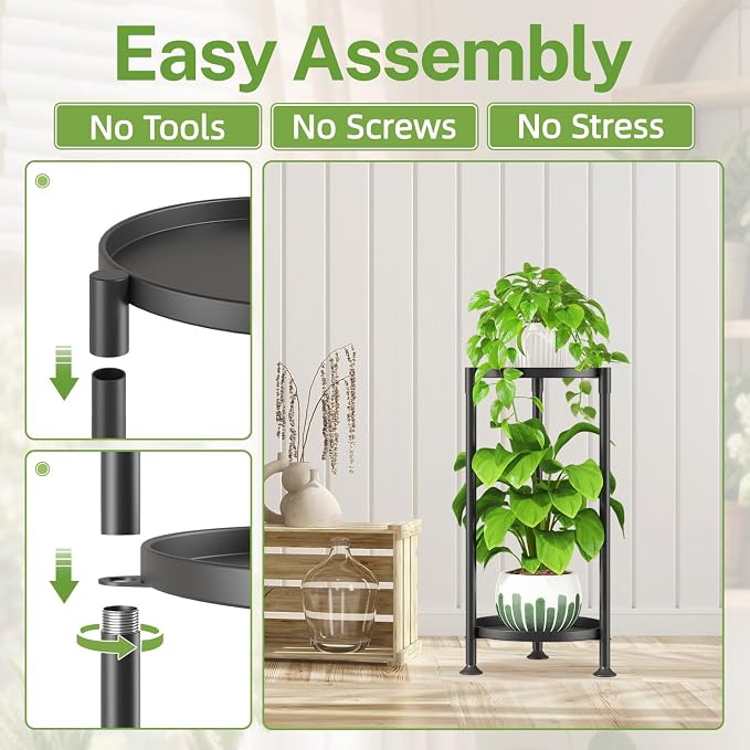iDavosic.ly 2 Tier Plant Stand Indoor with 10 Inch Wide Tray, Tiered Corner Metal Outdoor Flower Display Holder, Vertical Tall Rack for Patio Porch Living Room, Modern Black