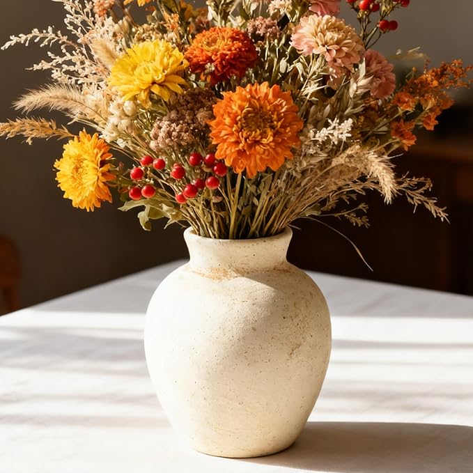Ceramic Decorative Flower Vase | 6 Inch Pottery Rustic Farmhouse | Boho | Whitewashed Terracotta Vase for Home Decor, Table, Living Room, Bathroom, Shelf, Mantel Decoration, Terra, White