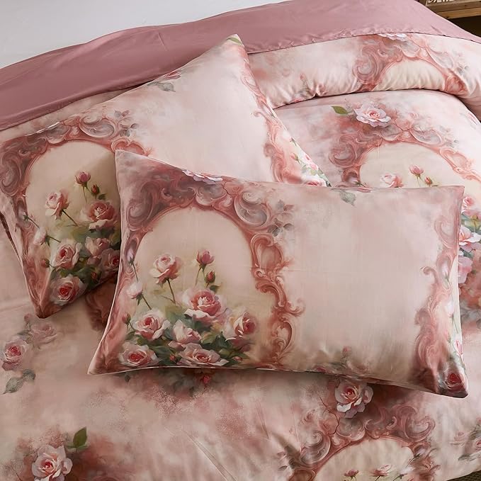 100% Cotton Duvet Cover Set King Size – Pink French Vintage Rose Bedding with Zipper Closure, 3-Piece Luxury Romantic Shabby Chic Floral Comforter Cover with 2 Pillowcases