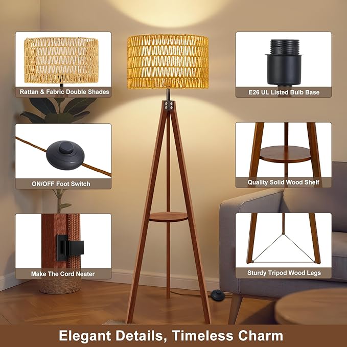 Boho Rattan Floor Lamp with Shelf & Bulb Included, Wicker Tripod Floor Lamp 3 Color Temperatures, Wood Rustic Tall Lamps with Foot Switch, Walnut Boho Standing Lamps for Living Room Bedroom