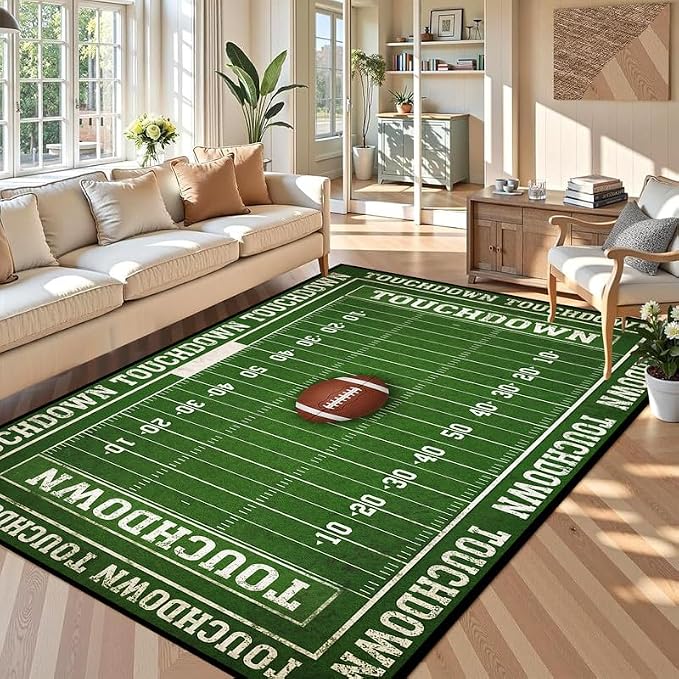 6'x9' Football Field Area Rug Sports Themed Carpet for Nursery Bedroom Playroom Classroom Living Room Home Decor Non Slip Washable Game Room Play Mat