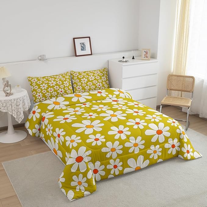 Castle Fairy Hippie Flowers Bedding Set King Size,70s Retro Floral Comforter Set Room Decor for Couple,Groovy Cartoon White Daisy Microfiber Down Comforter,2 Pillowcases