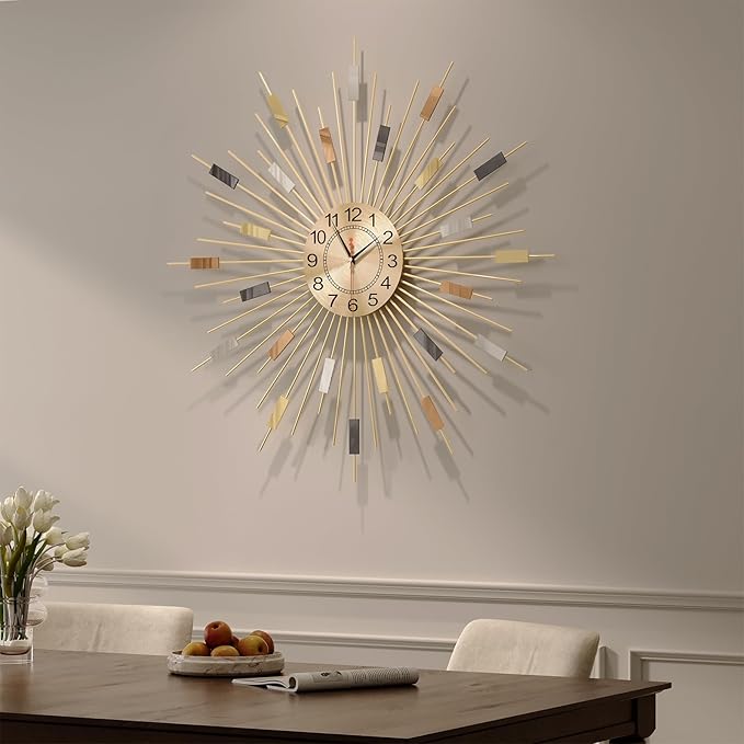 Cuspin Large Gold Wall Clock 30 Inch Clocks for Living Room Decor, Mid Century Modern Colorful Sunburst Design, Decorative Battery Operated Wall Clock for Dining Room, Bedroom, Office