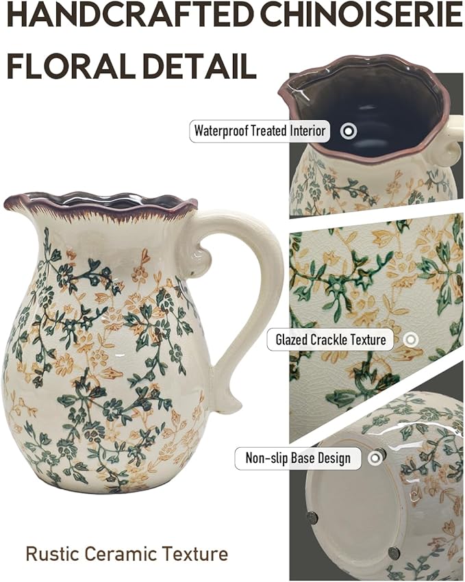 Vintage Ceramic Flower Pitcher Vase Home Decor - Tabletop Rustic Large Vase for Decor Living Room Bookshelf Office Kitchen Cottage, White Vases for Bouquet, with Handle | Grand Millennial | 8.3inch
