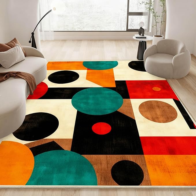 Geometric Rug, Mid Century Modern Rug, Abstract Colorful Geometric Rugs, Washable Non-Slip Soft Low Pile Vintage Abstract Carpet for Living Room, Bedroom (6' x 8'(Rectangular))