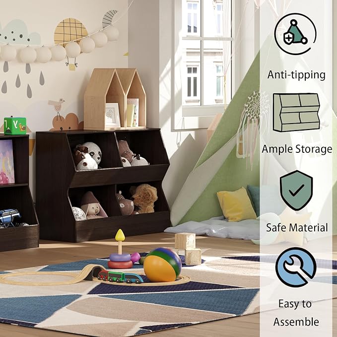 DINZI LVJ Kids Bookshelf, Toy Storage Organizer, Wooden Toy Storage Cabinet, 4 Cubby Children Bookcase, 39.4" L Toddler Book Shelf for Bedroom, Nursery, Hallway, School, Espresso