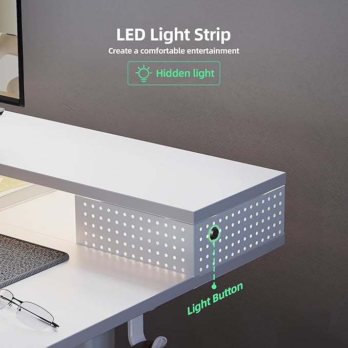Claiks Electric Standing Desk with Shelf, 48 Inch Height Adjustable Standing Desk with LED Lights & Monitor Stand, White Frame/White Top