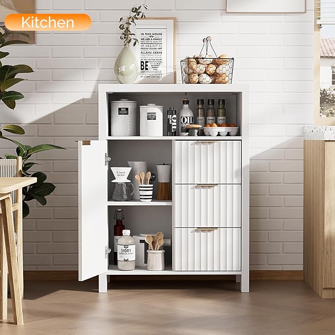 VINGLI Bathroom Floor Storage Cabinet with 3 Drawers, Modern 32" Freestanding Short Storage Organizer with Fluted Door & Adjustable Shelf, 12 Inch Deep White Wooden Console for Small Space