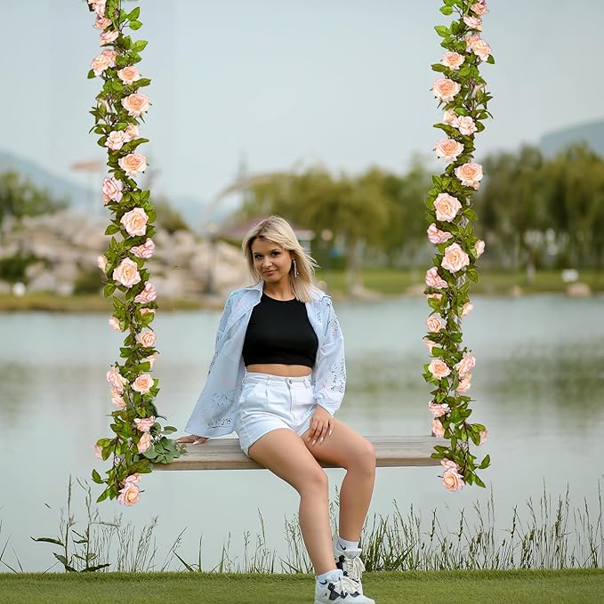 2PCS Artificial Flower,86.6 Inch Fake Rose Vine Hanging Floral Garland,Light Pink Artificial Silk Floral Hanging Ivy for Table Centerpiece Decor,Wedding Arch Ceremony,Outdoor Wall Decor