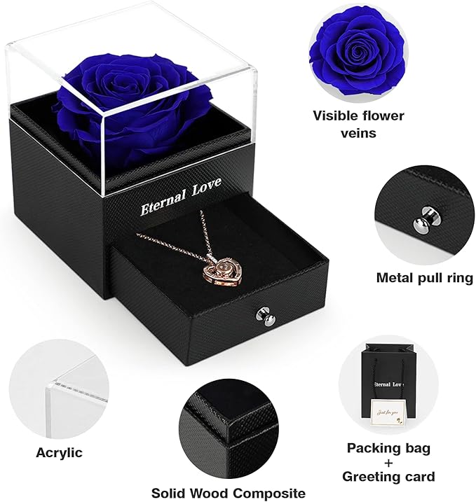 for Mom Wife Women Girlfriend Her, Preserved Real Rose with I Love You Necklace in 100 Language, Eternal Real Rose Flower Gifts for Valetine's Day Birthday Anniversaries