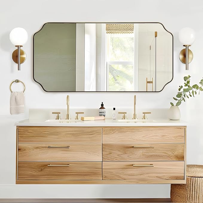 ANDY STAR 24"x48" Large Bathroom Mirror, Brushed Gold Rectangle Mirror, Scalloped Mirror for Bathroom in Anti-Rust Stainless Steel Metal Frame 1" Deep, Hangs Vertically/Horizontally