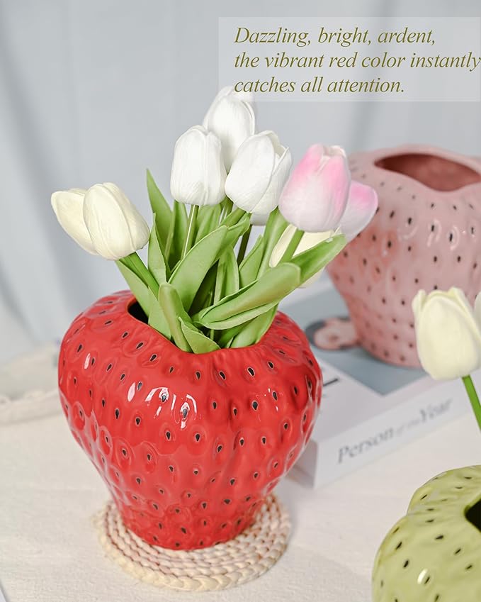 DN DECONATION Red Strawberry Vase, Strawberry Ceramic Flower Vases for Colorful Girly Home Decor, Decorative Cute Vase for Strawberry Party Decorations