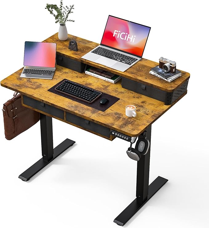 FiCiHi Adjustable Height Standing Desk with 4 Drawers,40 x 24 inches Electric Sit Stand Home Office Desk with Two Tiers, 3 Memory Presets, Monitor Stand Riser, C-Clamp Mount Compatible