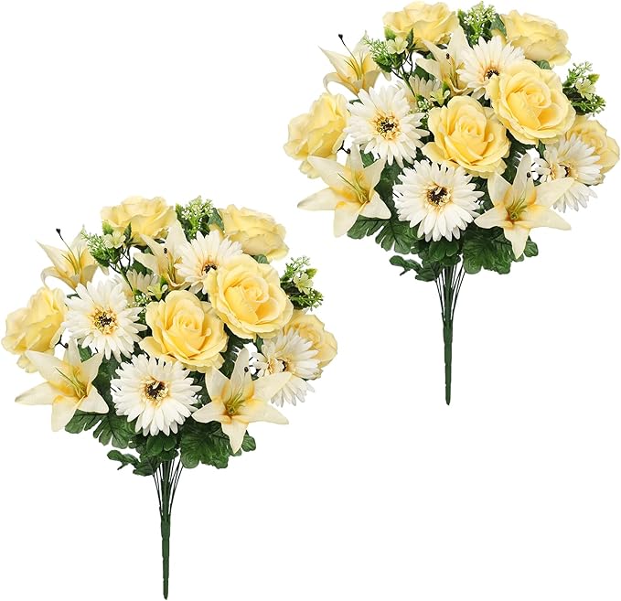 Hollyone Set of 2 Artificial Cemetery Flowers for Grave Yellow Cemetery Memorial Flowers for Cemetery Outdoor Grave Decorations Silk Flower Arrangements Rose Lily Gerbera Floral Flowers Bouquets