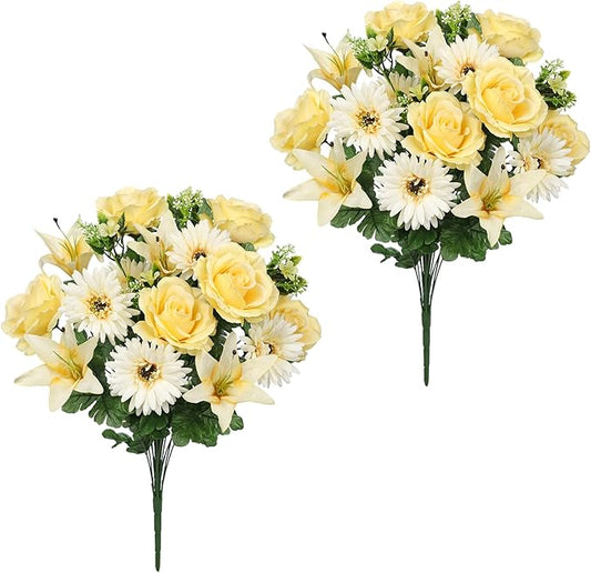 Hollyone Set of 2 Artificial Cemetery Flowers for Grave Yellow Cemetery Memorial Flowers for Cemetery Outdoor Grave Decorations Silk Flower Arrangements Rose Lily Gerbera Floral Flowers Bouquets