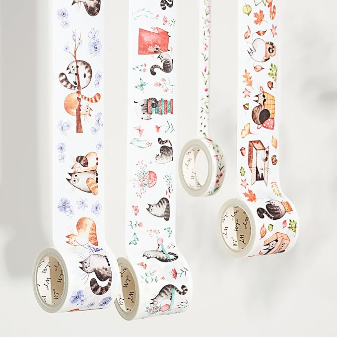 WT Chonky Cat Washi Tape Sticker Set, 4 Rolls, Original Designs, Watercolor Cute Cat Decorative Sticker, Kiss-Cut Craft Sticker, Bujo Planner Supplies, Journals Gifts, DIY Paper Sticker
