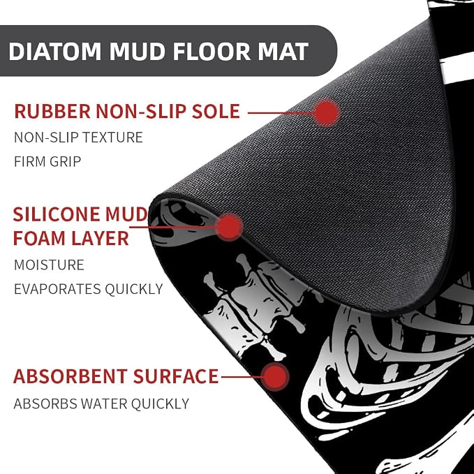 Diatomaceous Earth Bath Mat,Black Funny Skull Non-Slip Volume Super Absorbent Fast Drying for Bathroom Kitchen Door mat,Eco-Friendly Easy to Clean 20×31Inch (50 * 80cm)