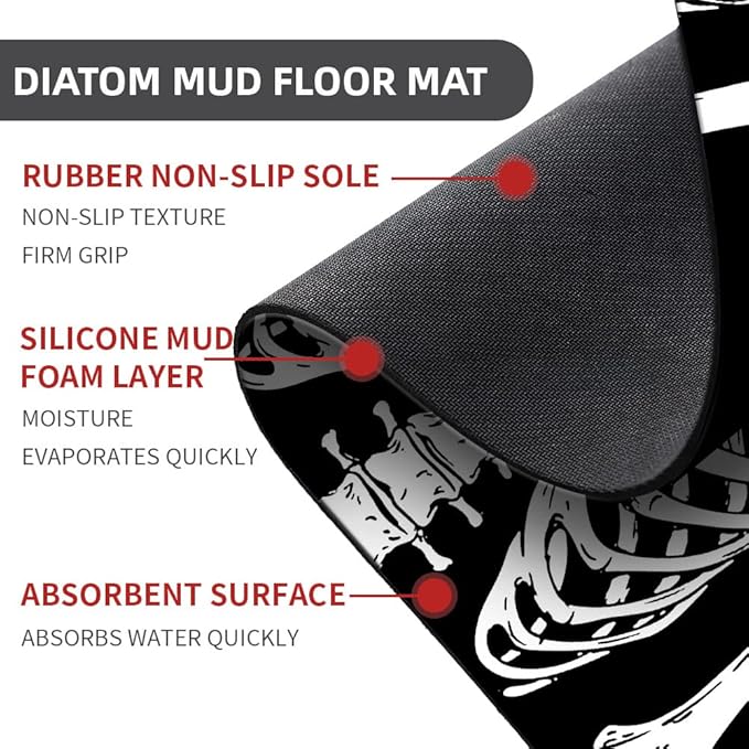 Diatomaceous Earth Bath Mat,Black Funny Skull Non-Slip Volume Super Absorbent Fast Drying for Bathroom Kitchen Door mat,Eco-Friendly Easy to Clean 17×27.5Inch (43 * 70cm)