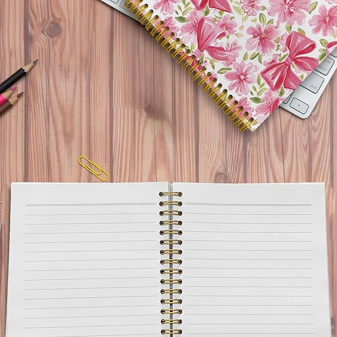 JKMBN Coquette Pink Bow Floral Spiral Notebook For Women, Maximalist Journaling Notebooks, Cute Pink Notebook Journal, Pink Office Supplies, Hardcover Spiral Lined Notebook 5.5 x 8.3