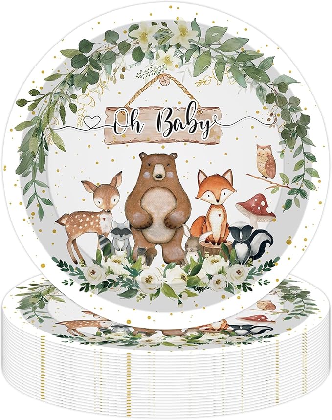50PCS Woodland Baby Shower Party Paper Plates 7 Inch, Disposable Oh Baby Cake Dessert Plates Safari Jungle Wild Animal Party Supplies for Birthday Gender Reveal Baby Shower Decorations (Woodland)