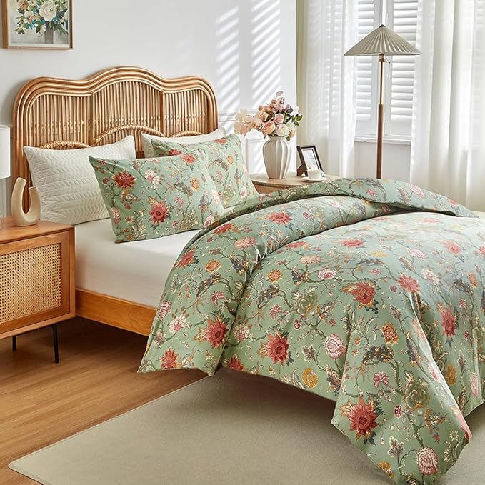 Vintage Floral Comforter Set King Farmhouse Boho Bedding Comforter Botanical Flowers Vines Pattern on Green Floral Bedding Comforter Fluffy Aesthetic King Comforter with 2 Pillowcases for All Seasons