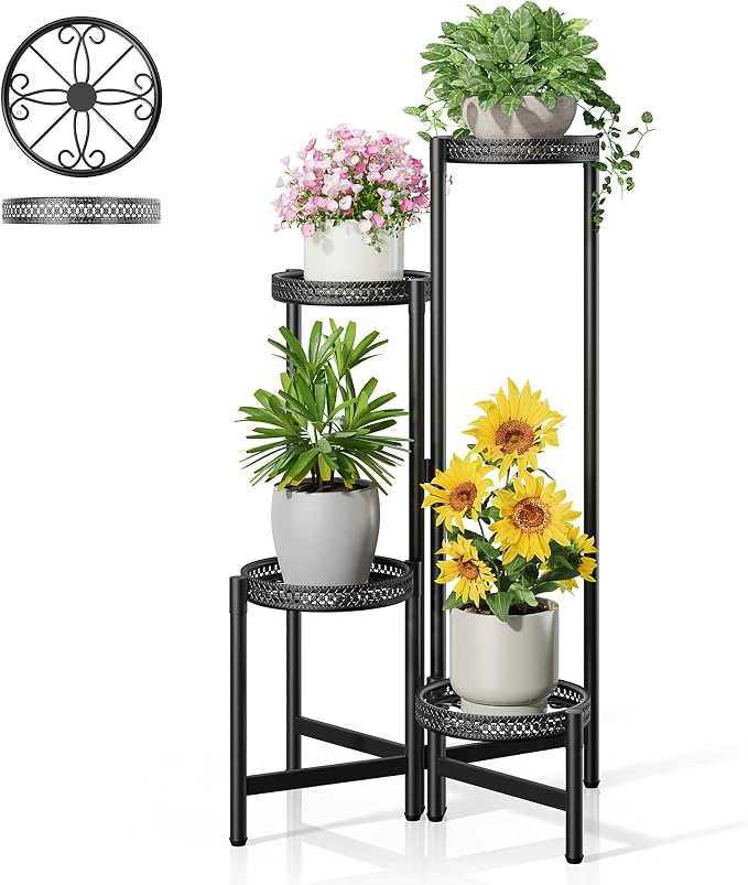 4 Tier Metal Plant Stand Indoor Outdoor, Corner Tall Plant Shelf for Multiple Plants, Foldable Plant Stand Heavy Duty Flower Stand Holder for House Living Room Balcony Garden Patio -BlackS