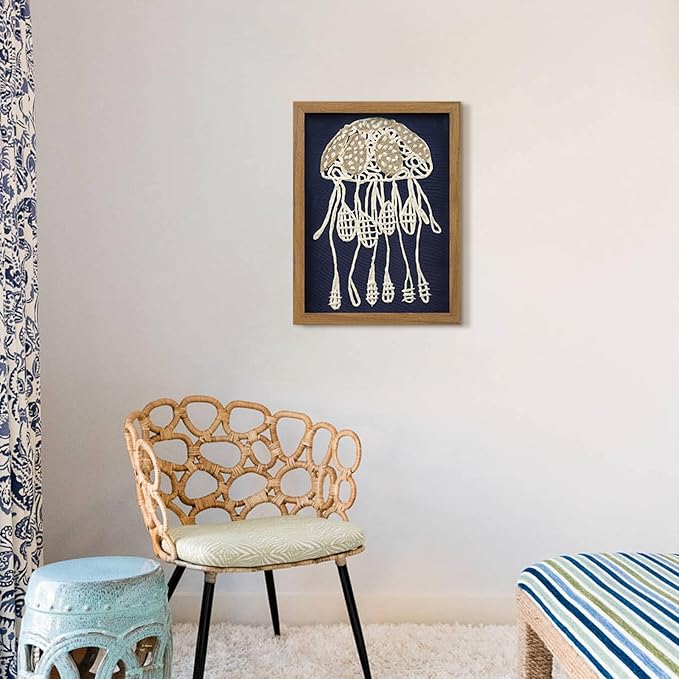 FOLKOR Framed Coastal Wall Art Decor for Living Room Bedroom, 12x16 3D Handmade Rice Paper Jellyfish Wall Hanging Sculpture, Ocean Blue Shadow Box Art for Modern Eclectic Bathroom Dining Room Nursery