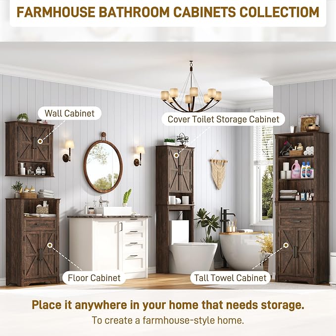 jiteentarou Farmhouse Bathroom Storage Cabinet,Over The Toilet Storage Cabinet with Roman Column Decor,Tall Over The Toilet Shelf with Barn Doors,Over Toilet Bathroom Organizer(Rustic Brown)