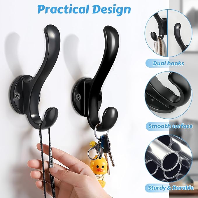 8 Pack Coat Hooks Wall Mount Heavy Duty Utility Retro Double Hooks for Hanging Coats,Hat, Towel, Key, Robe, Scarf, Bag, Cap (Black)