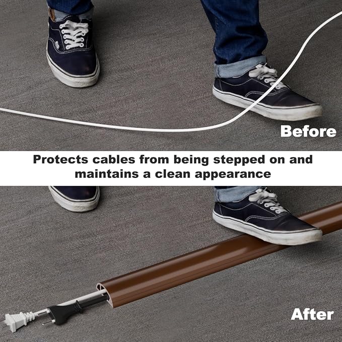 Kneelisa 4FT Side-Open Extension Cord Covers for Wires on Floor,Silicone Power Cable Protector Cord Hider Management Strip,Hide Electric Wire on Carpet,Chord Runner Protective Safety Wiremold,Brown