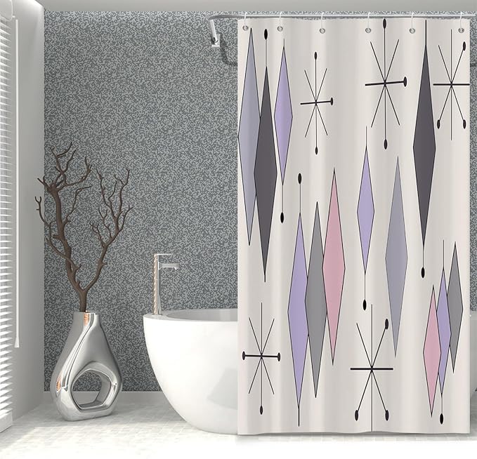 Boho Mid Century Shower Curtain Abstract Purple Grey Pink Diamond Geometric Atomic Starburst Pattern Beige for 1950s Retro Bathroom Decor Shower Curtain Set with 12 Hooks, 36x72 Inches
