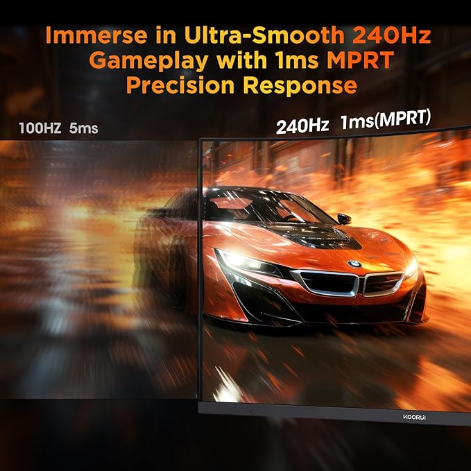 KOORUI 25 Inch Curved Gaming Monitor 240Hz FHD 1080P Computer Monitor, 1500R 1ms MPRT Display, Adaptive Sync, 90% DCI-P3,HDR, Eye Care, Tilt Adjustable, VESA 75x75mm, Black,G2511XC