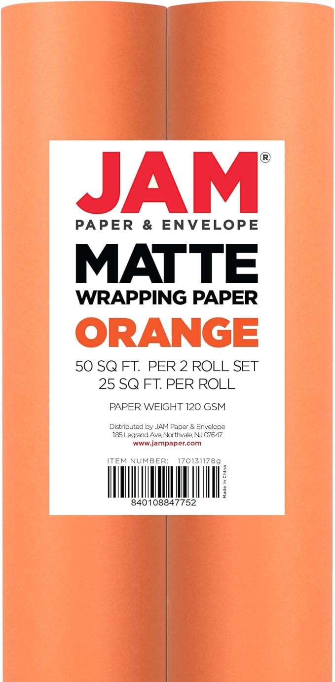 JAM Paper Gift Wrap - Matte Wrapping Paper - 50 Sq Ft Total (30 in x 10 Ft Each) - Matte Orange - 2 Rolls/Pack