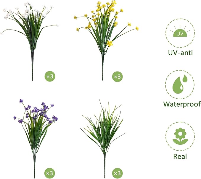Artificial Flowers, 12 Bundles UV-Resistant and Not-Fading PE Faux Plants Flowers for Outdoor Planters Home Garden Porch Wedding Décor, Yellow Purple White