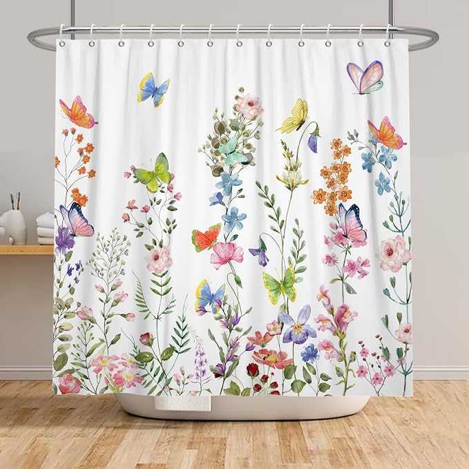 Spring Floral Butterfly Shower Curtain Summer Colorful Wildflowers Botanical Shower Curtain for Rustic Vintage Bathroom Decor Easter Shower Curtain Set 72x78 Inches