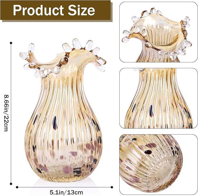 DOVDOV Hand Blown Amber Glass Art Deco Vase, Unique Wide Mouth Table Centerpiece, Perfect for Home Decor, Wedding, Engagement, or Housewarming