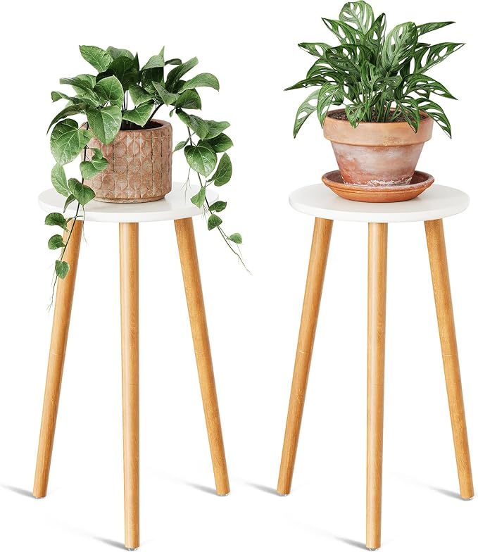 Uneedem Plant Stand Indoor, Mid Century Modern Small Round Plant Table for Flower Pots, 20.5" Tall Plant Holder Wood Stool for Living Room (2 Pack)