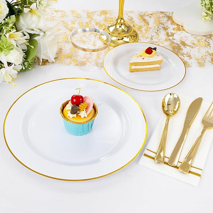 SUT 700Pcs Disposable Dinnerware Set for 100 Guests, White and Gold Plastic Plates, Party Plates and Cups and Napkins Sets, plates and Napkins Party Supplies, Gold plastic Silverware for Party Wedding