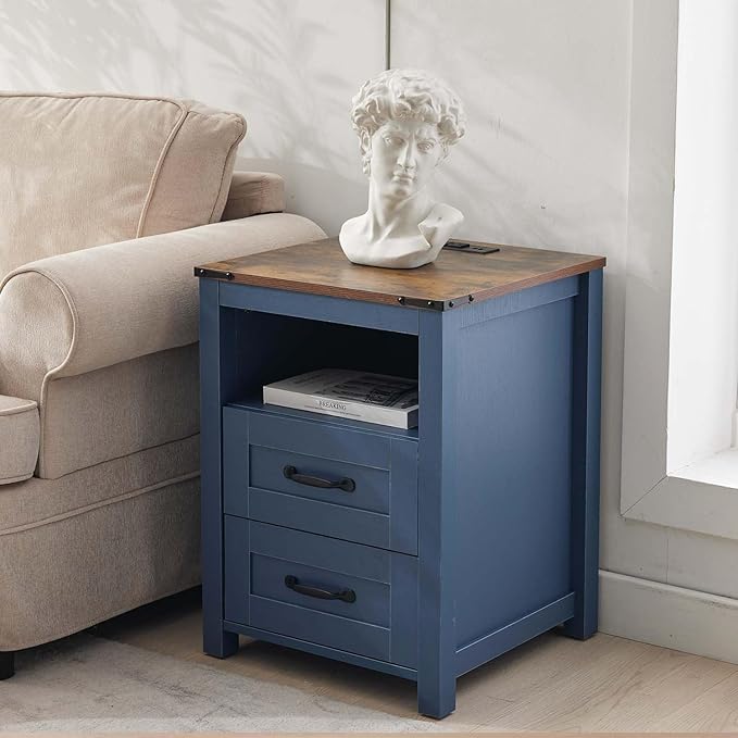 Farmhouse Night Stand, Rustic Blue Nightstand for Bedroom, End Tables with Charging Station, Bedside Table with Drawers, Wood Bedside Cabinet Dresser
